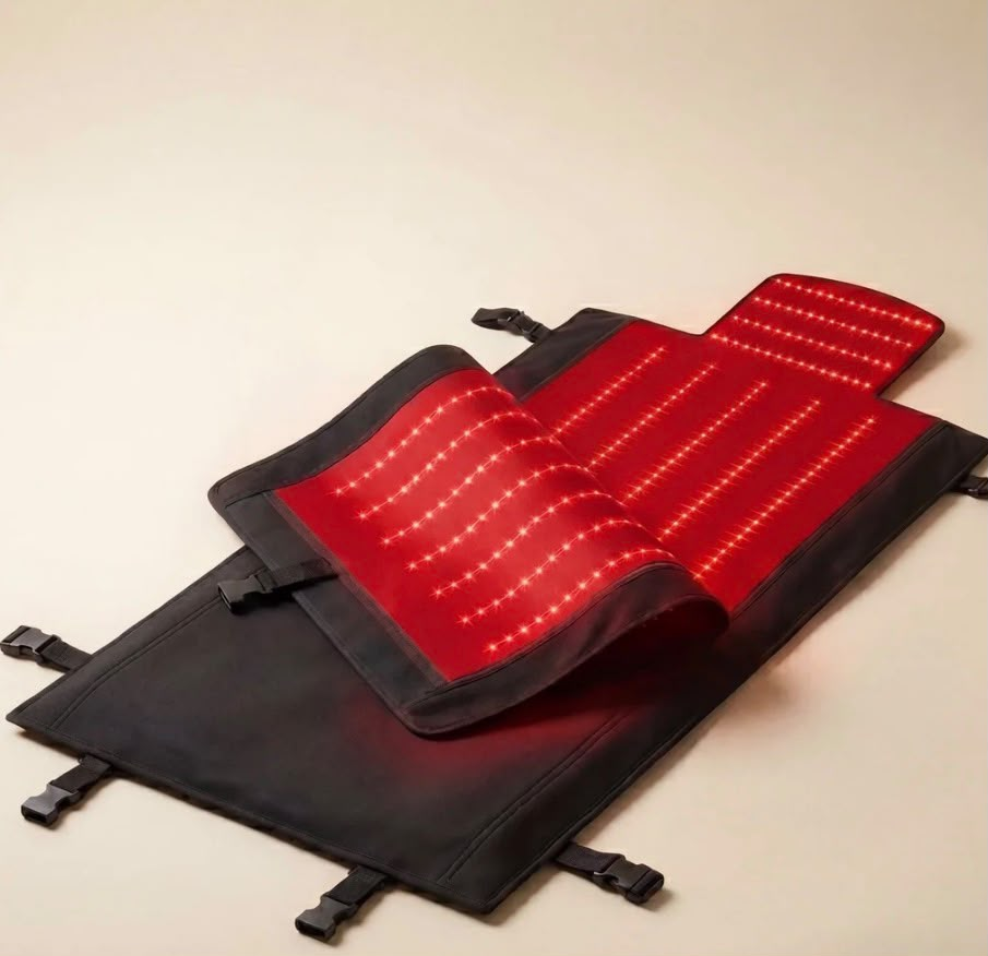 Red LED light blanket, partly folded open
